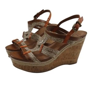 Lucky Brand Strappy Cork Sandal Wedges Snakeskin Burnt Orange Size 6.5